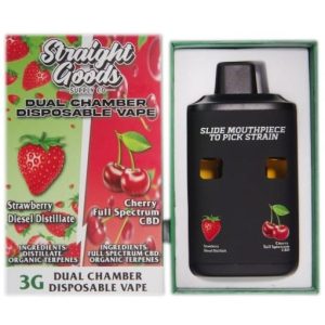 Strawberry Diesel CBD Vape by Straight Goods dual chamber disposable vape with Strawberry Diesel Distillate and Cherry Full Spectrum CBD 6G