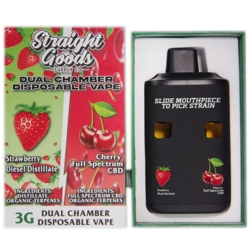Strawberry Diesel CBD Vape by Straight Goods dual chamber disposable vape with Strawberry Diesel Distillate and Cherry Full Spectrum CBD 6G