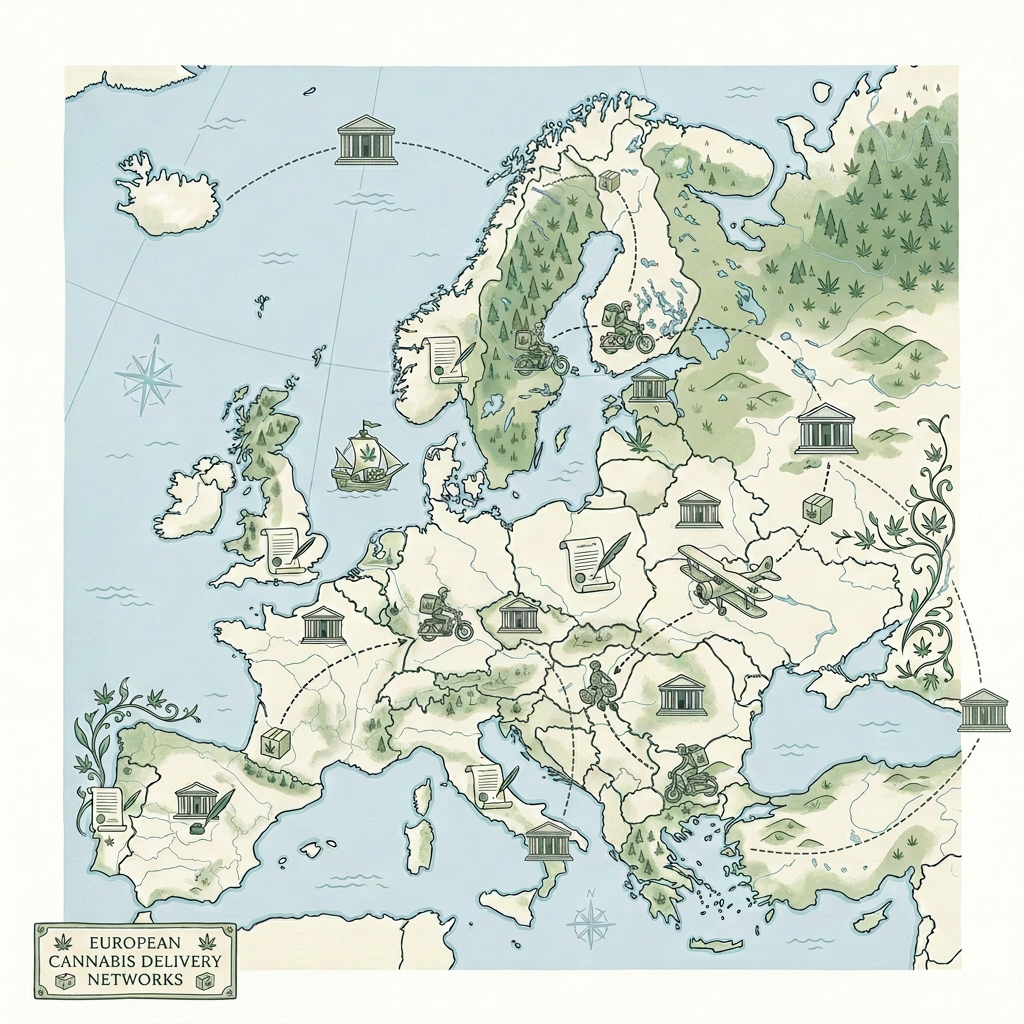 Illustrated map labeled “EUROPEAN CANNABIS DELIVERY NETWORKS” across Europe